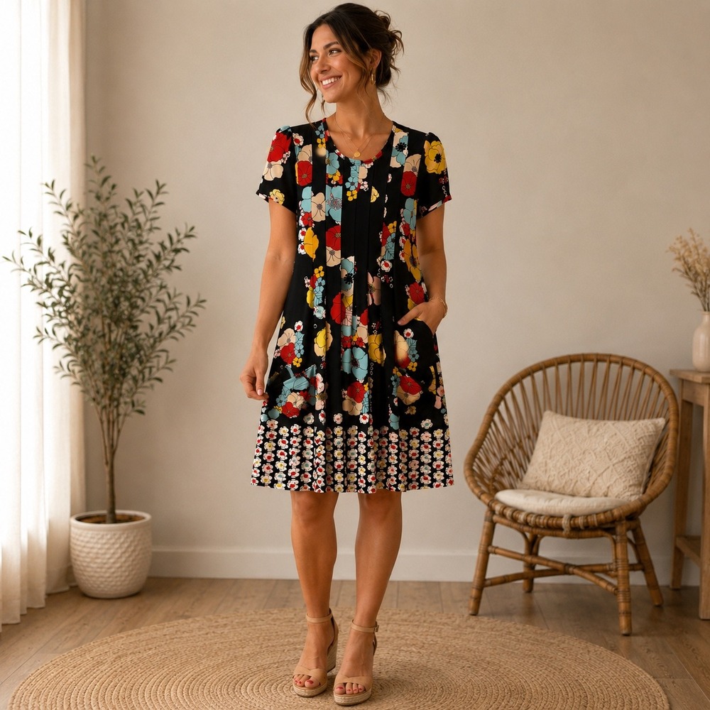 M 130 Lily Black Multicolor Retro Floral Pleated A-Line Pocket Dress Border